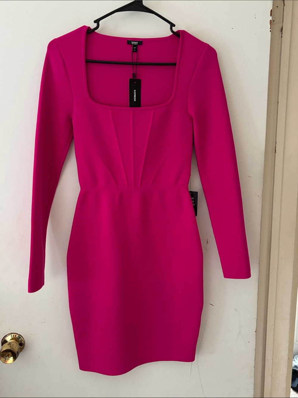 Express Hot Pink Long-Sleeve Square Neck Bodycon Dress